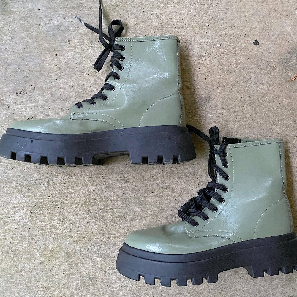 ASOS DESIGN Adventure Green Patent Chunky Lace Up Boots with Lug Sole